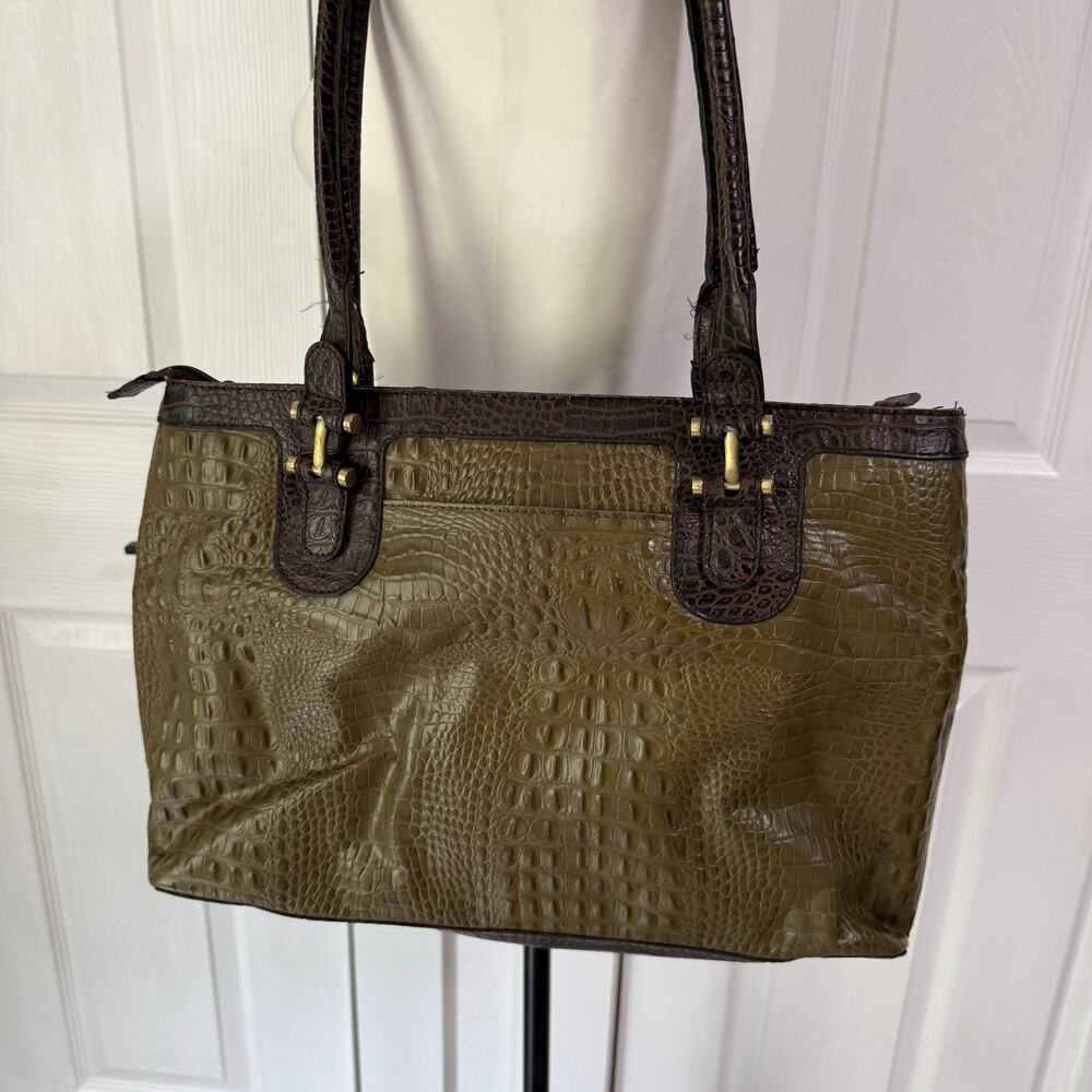 Etienne Aigner Women's Olive Green Croc Embossed Leather Tote Bag - Picture 13 of 16